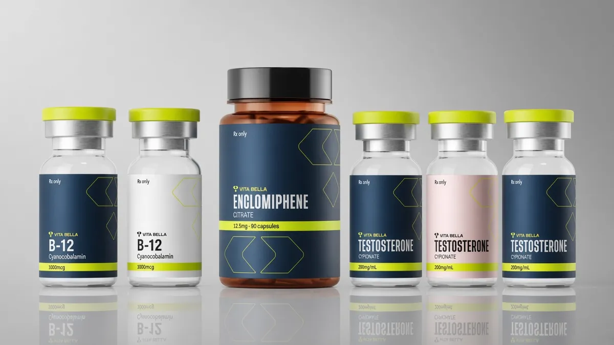 Enclomiphene bottle with B-12 and testosterone vials