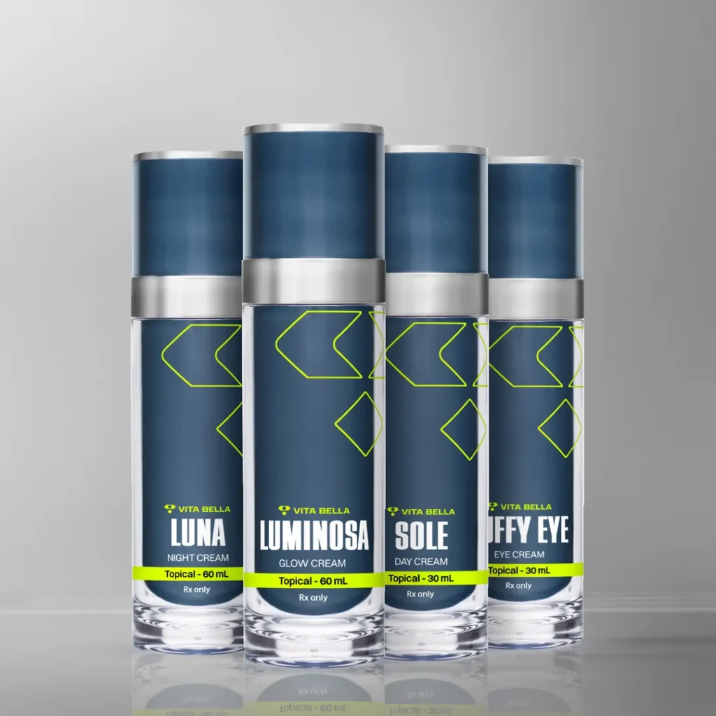 Four Vita Bella skincare products for men are displayed on a reflective surface with a light gray background. From left to right: a container labeled "Luna Night Cream" (topical, 60 mL), a container labeled "Luminosa Glow Cream" (topical, 60 mL), a container labeled "Sole Day Cream" (topical, 30 mL), and a container labeled "Jiffy Eye Cream" (topical, 30 mL). Each container has a blue label with yellow accents and "Rx only" markings.