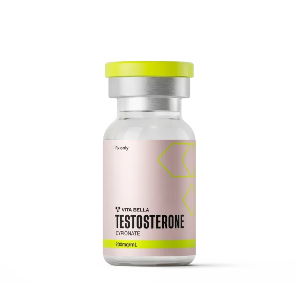 A clear glass vial of Vita Bella Testosterone Cypionate 200mg/mL with a light pink label, yellow geometric accents, and a silver cap with a yellow top, set against a black background.